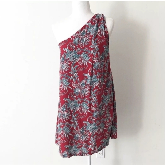 LOFT Ann Taylor Red & Teal Iris One Shoulder Shift Dress Size Small - Picture 2 of 9
